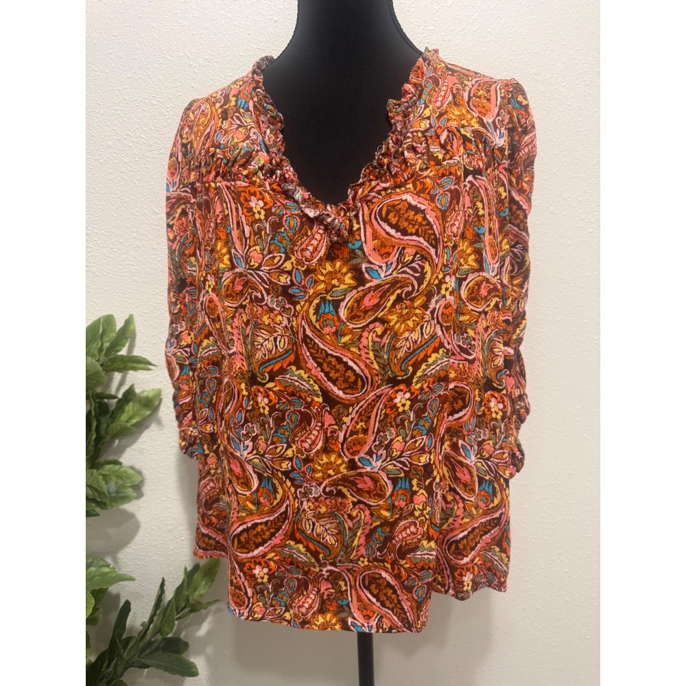 Democracy Women 1X Paisley Ruffle V-Neck Ruched 3/4 Sleeve Blouse Orange Brown